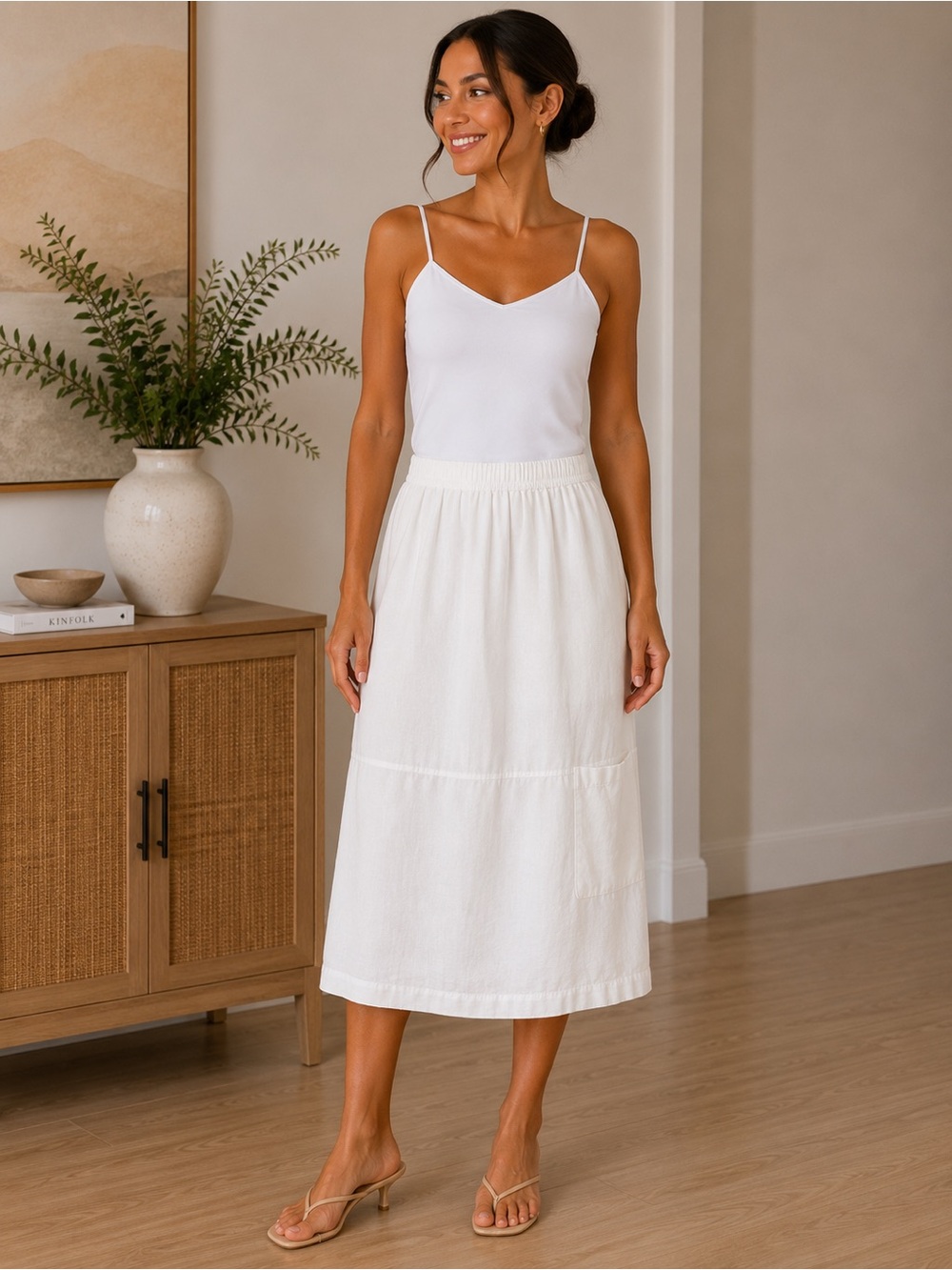 Eileen Fisher Organic Linen Cotton Pull-On Midi Skirt Minimalist Coastal XL